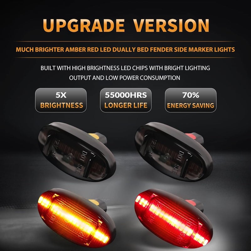 DERMOKA LED Dually Bed Fender Side Marker Lights For 2011-2022 Ford F250 F350 F450 F550 Super Duty Trucks Smoked Len (Amber Red) - Image 2